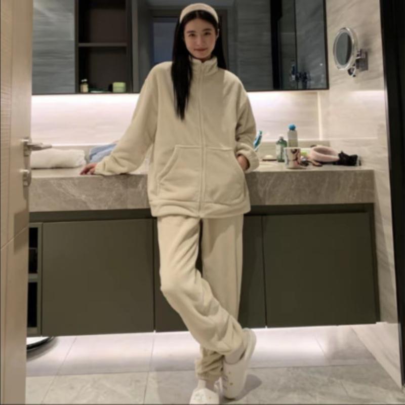 

320G flannel pajamas women s matcha green zipper autumn and winter thickened coral fleece warm loungewear set XL