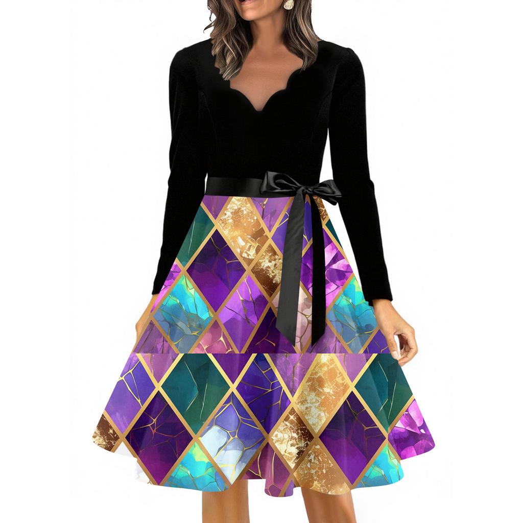 Women's Casual Fashion V Neck Long Sleeve Printed Vintage Long Dress