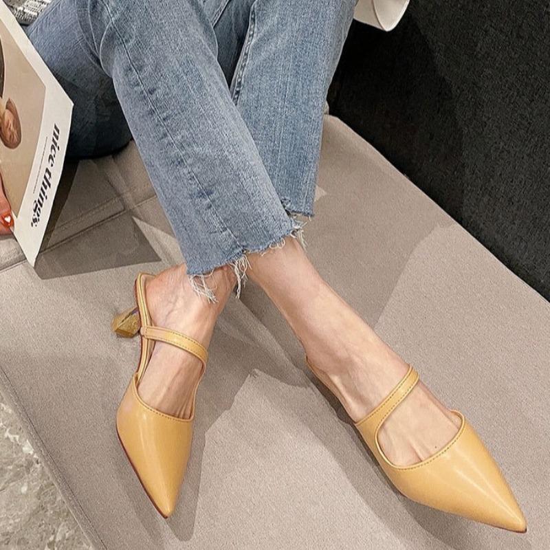 Mid-spring high heels pointed head lazy bag head half tray new ol comfortable thick heel cool slippers women's heel