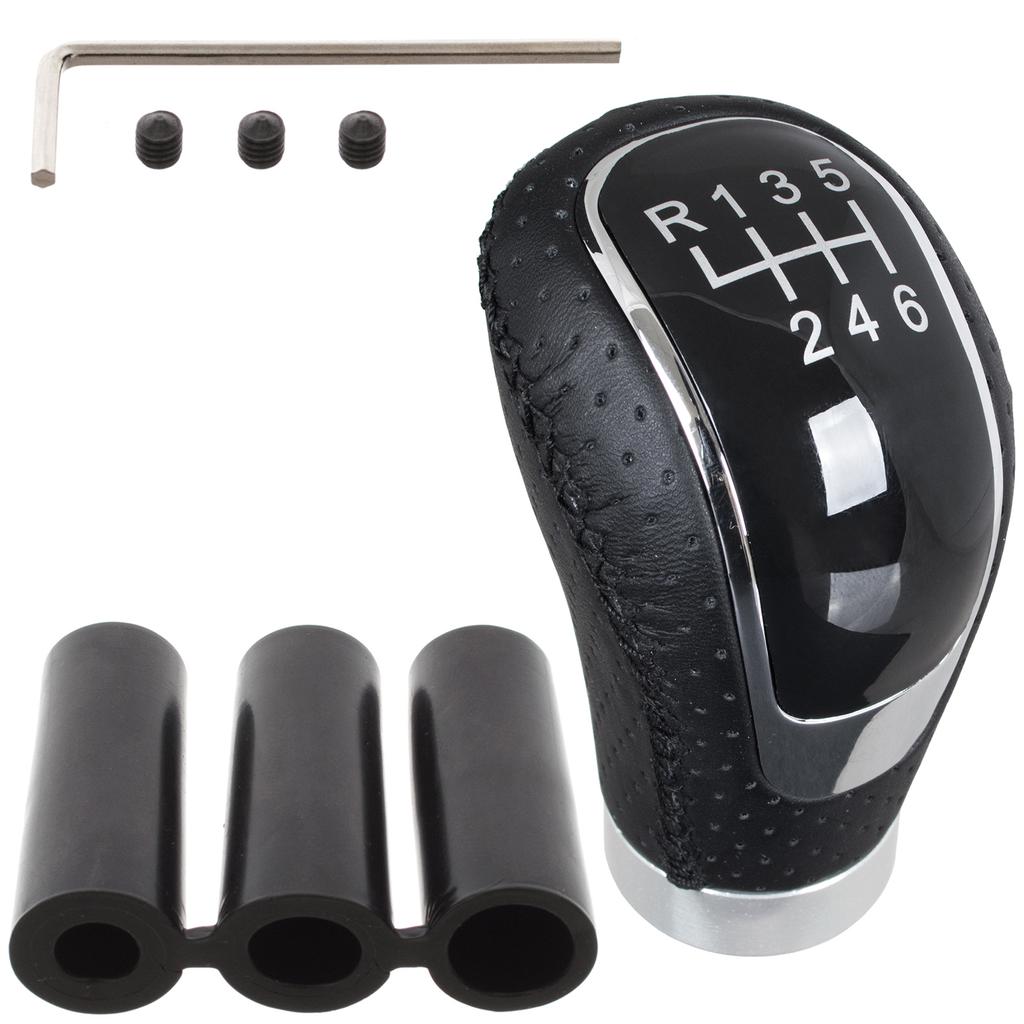 Universal Gear Shift Knob, Black Leather + Silver, 6-Speed