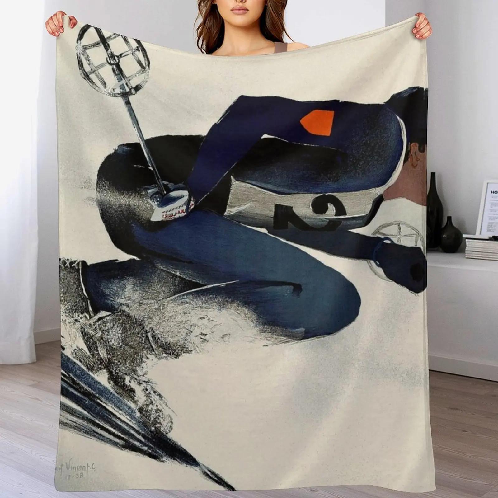 Dynamic French Vintage Ski advert from 1939 Throw Blanket Stylish Couch Blanket for Home Living Room 102x76cm(40x30in)