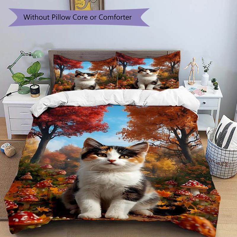 3Pcs Autumnal Cat Forest Bedding Set Soft Fabric Duvet Cover Pillowcases Home Christmas Xmas Halloween Gift 1 Duvet Cover 2 Pillowcase G15
