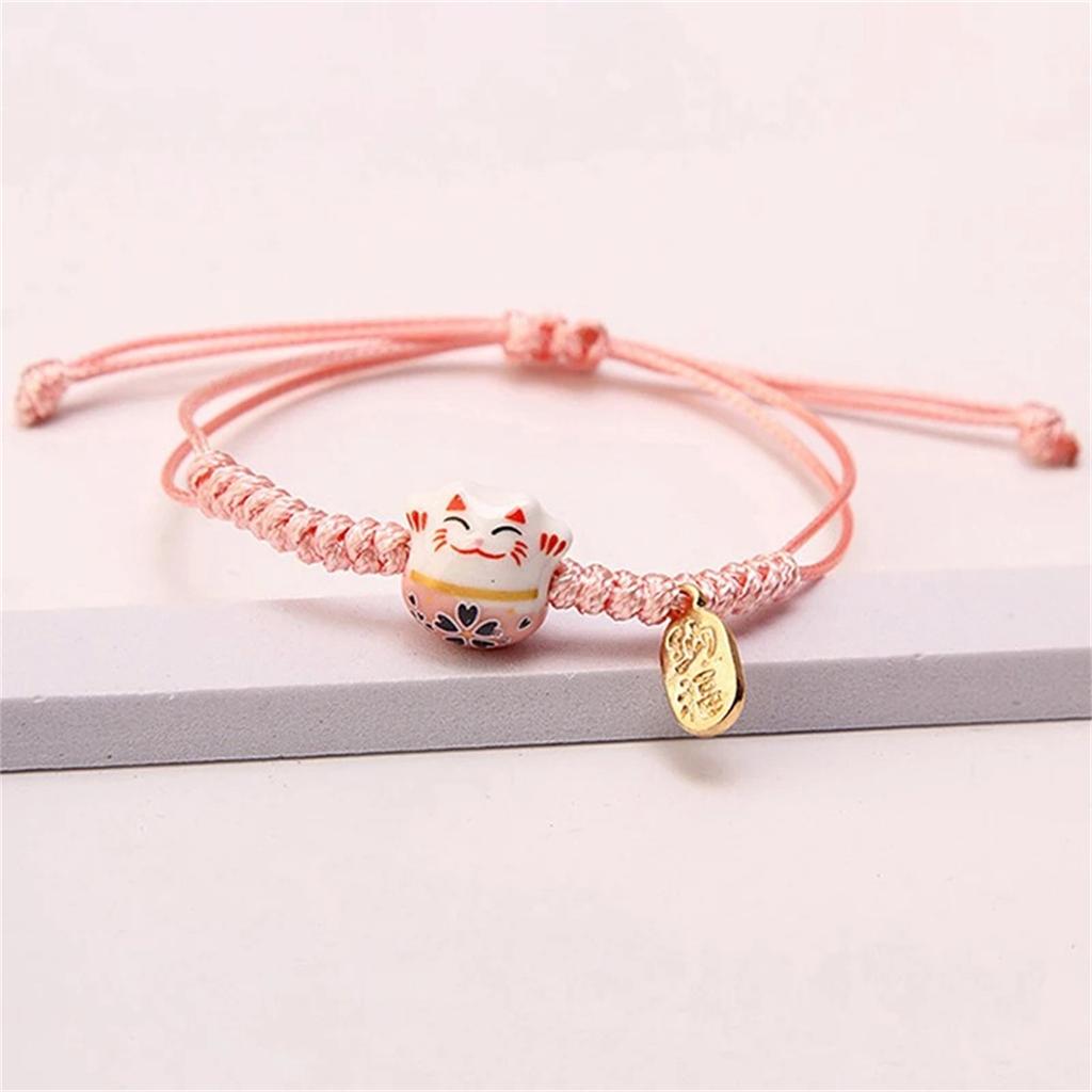 2026 Cartoon Simple Cute Ceramic Lucky Cat Bracelet Hand-woven Red Colors Rope Bangle Women Girls Jewelry Gift Bracelet