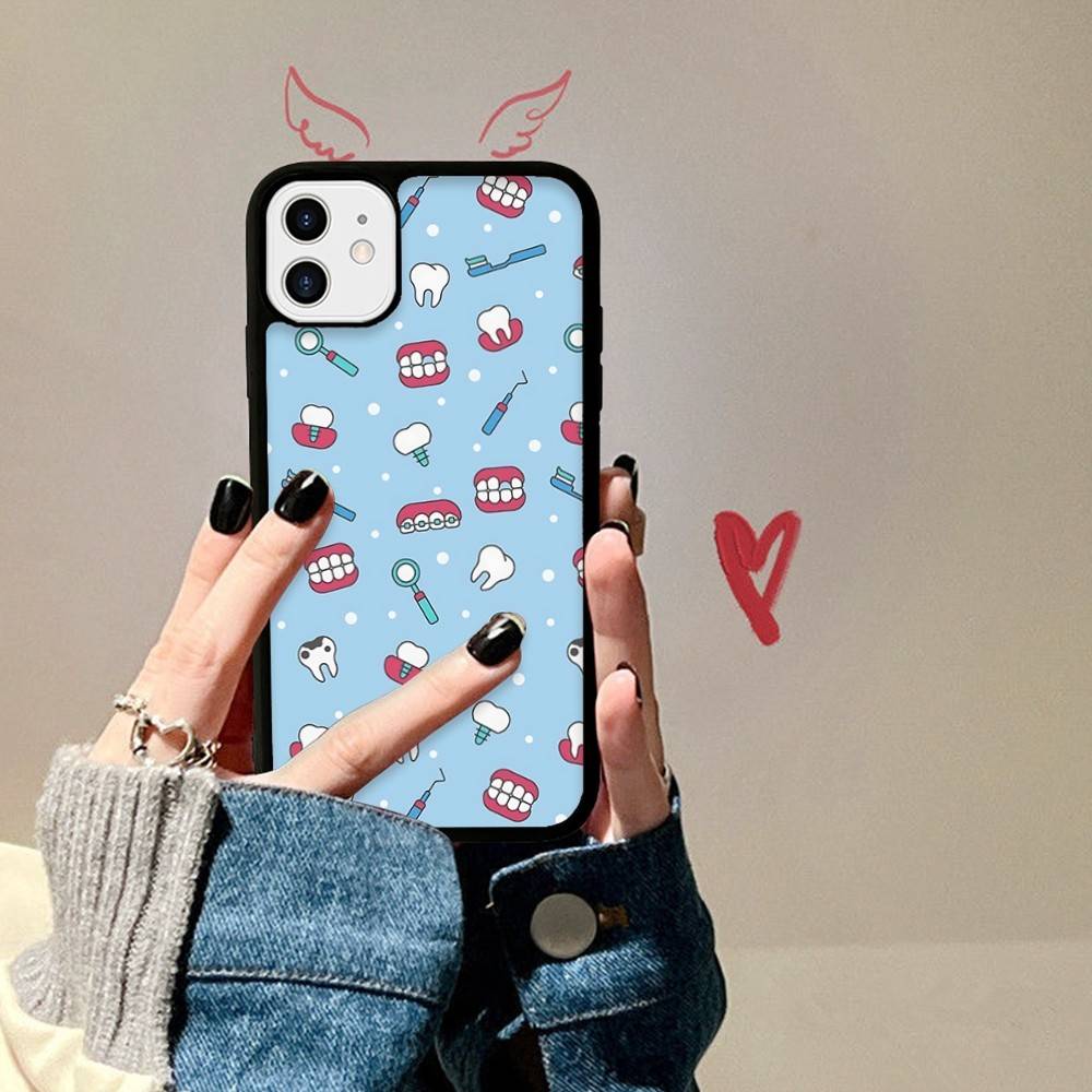 Dentist Tooth Pattern Phone Case Wireless Charging PC+TPU For IPhone 11 12 13 14 15 16 17 Pro Max Plus Case