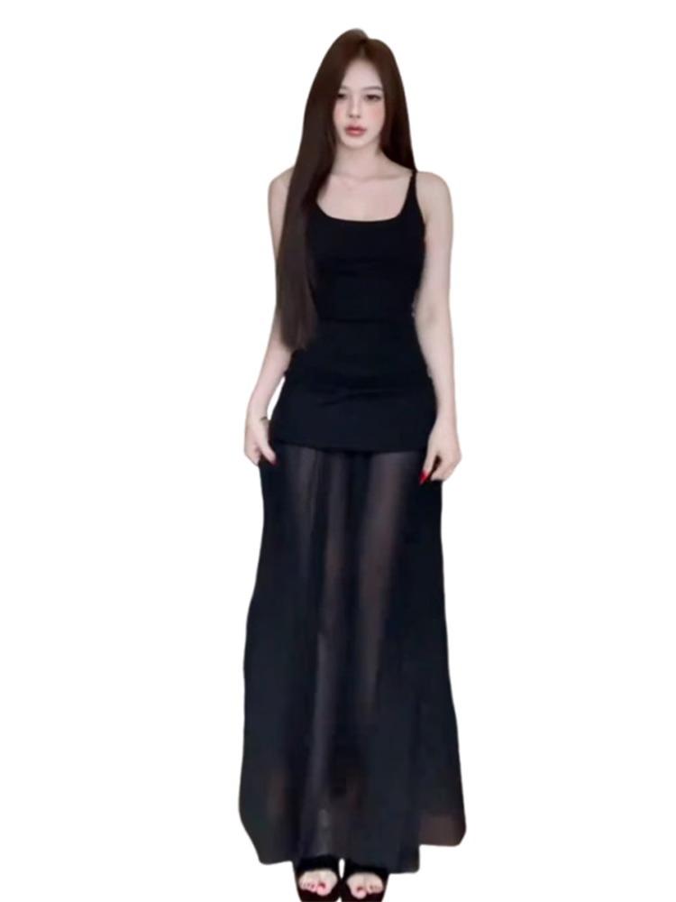 Design Sense Mesh Splicing Suspender Dress Women's Summer Niche Temperament Waist Long Dress Gentle Wind White Skirt
