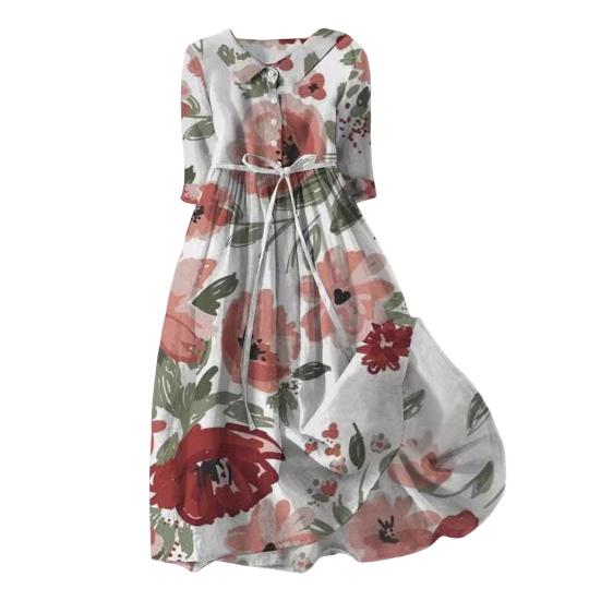 Three Quarter Sleeves A-line Digital Floral Print Bohemian Style Pleated Lace-up Strap Half Single-breasted Shirt Type Midi Dress