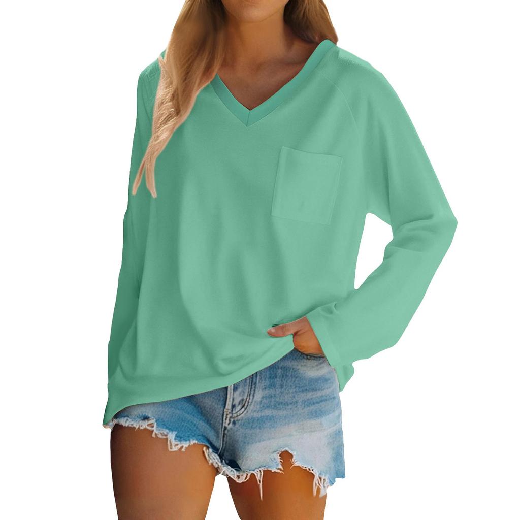Women's Raglan Long Sleeve V-Neck T-Shirt Splicing Solid Color Casual Top Pullover V-Neck Pocket Bottoming Shirt