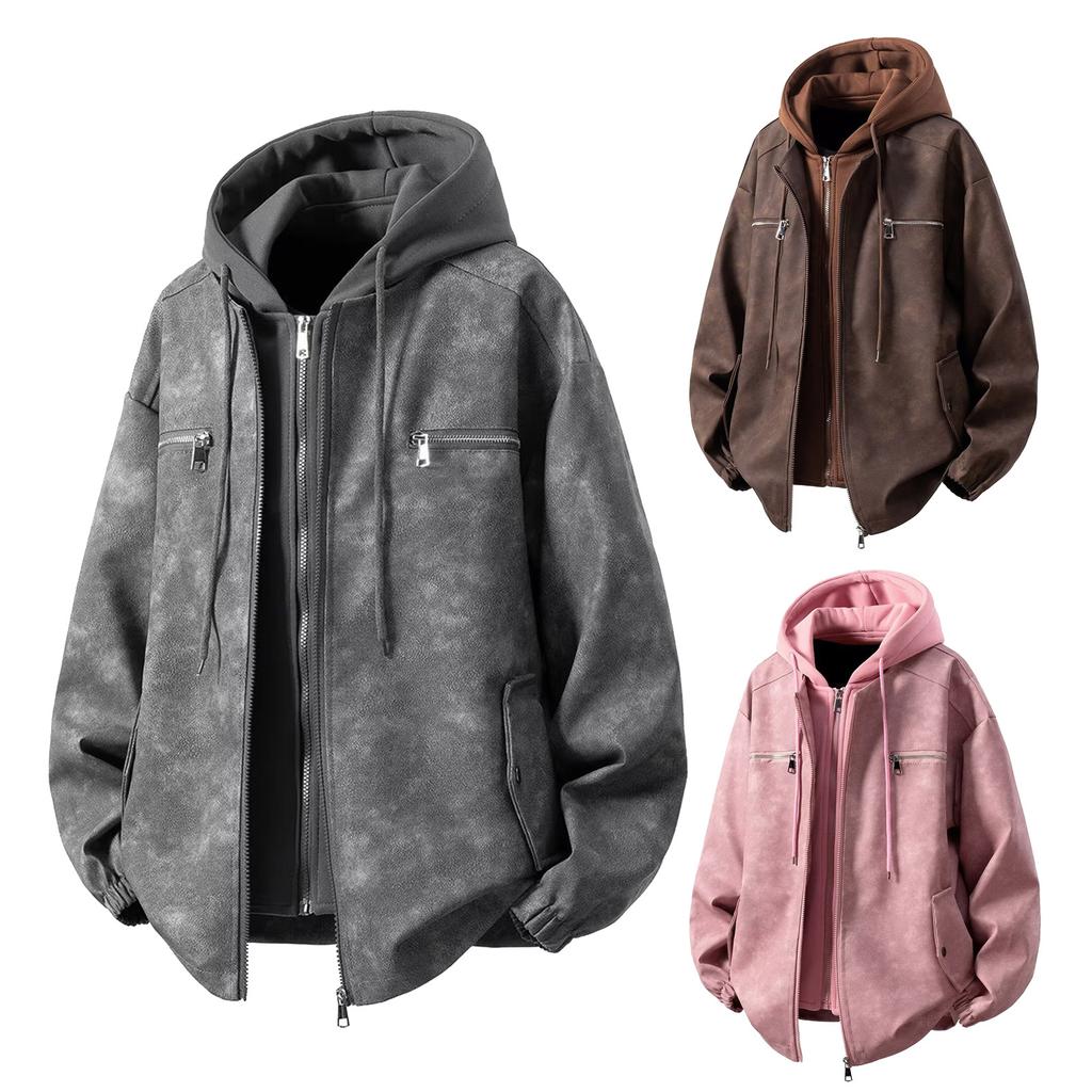 Men's Solid Color Hooded PU Leather Fake Two-piece Vintage Distressed Fabric Metal Decoration Jacket