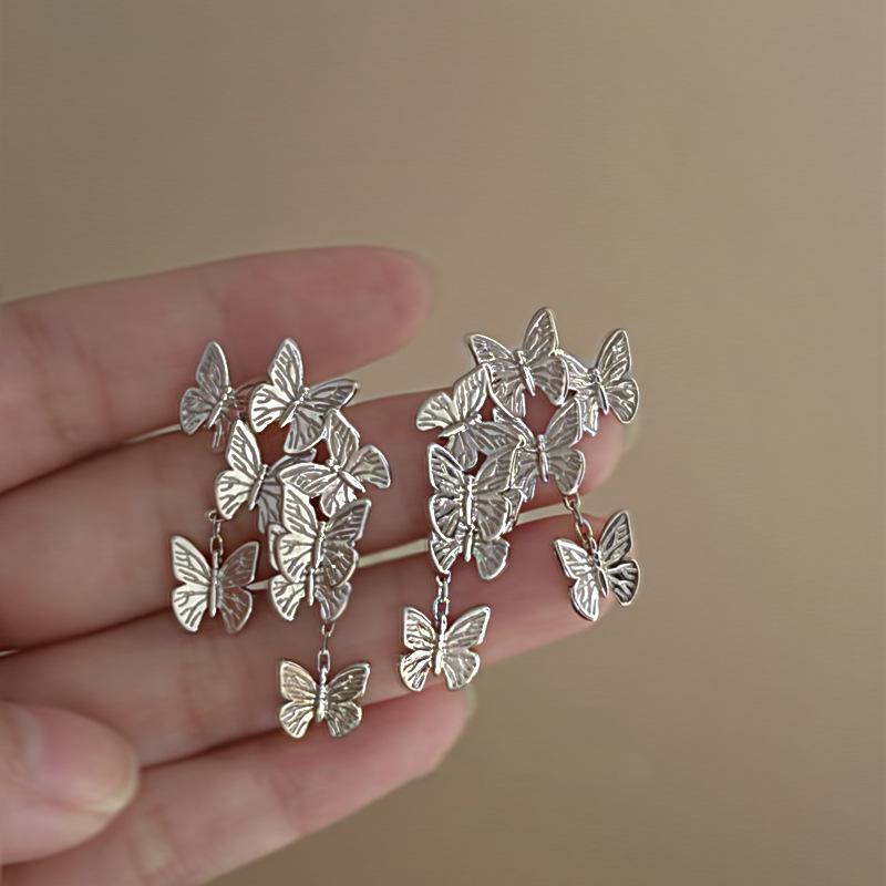 Silver Needle Sweet Flower Butterfly Pearl Tassel Earrings Trend Stud Earrings Temperament Earrings Women
