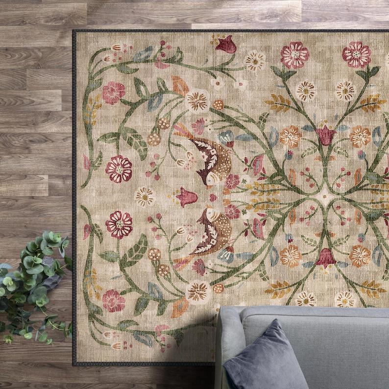 Boho Chic Türkischer Traditioneller Floraler Teppich Waschbar Rutschfest Groß Distressed Bereichsteppich für Wohnzimmer Schlafzimmer Dekor