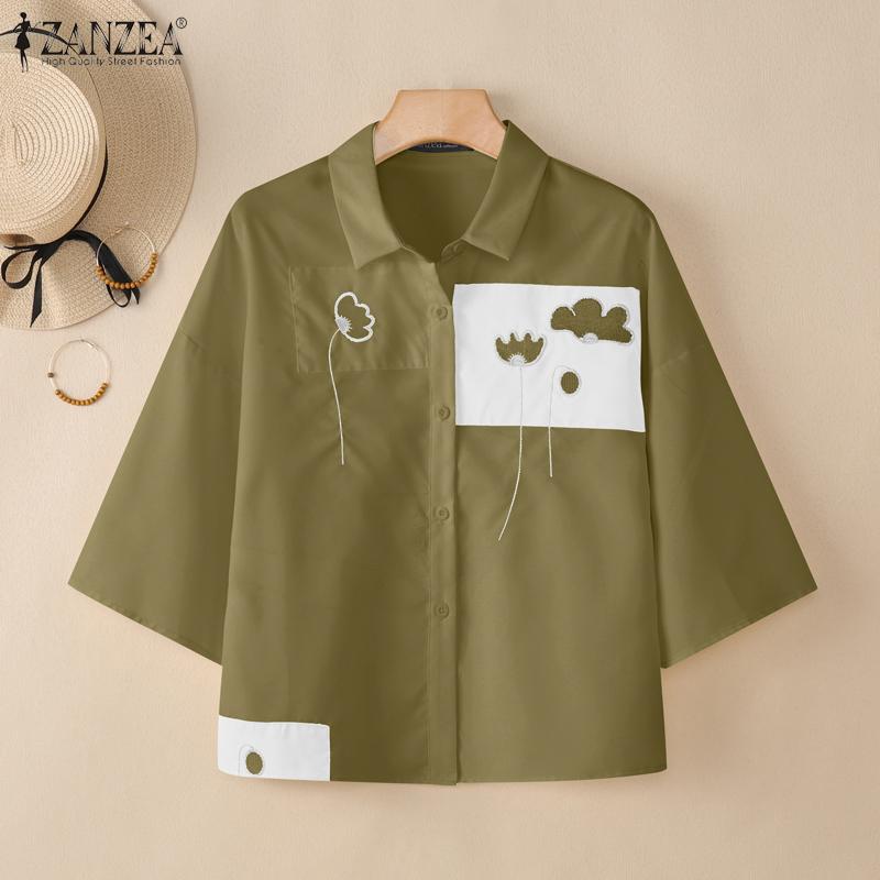 ZANZEA Damen Casual Turn Down Kragen Sommer Kurzarm Bluse