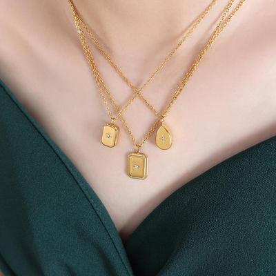 French INS Three-Piece Geometric Zircon Pendant Necklace, 18K Gold-Plated Titanium Steel Clavicle Chain Jewelry for Women