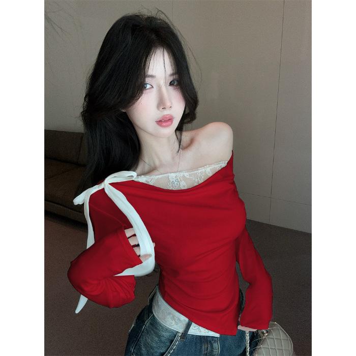 

MR [Modal Cotton] Irregular slanted shoulders swinging collar long-sleeved t-shirt Spice Girls one-word shoulder top lace hit S красный