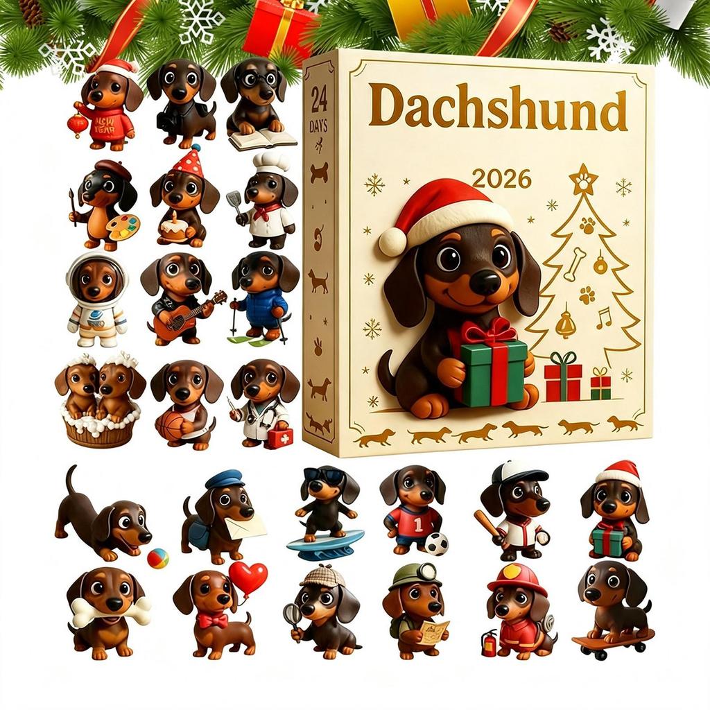 2026 Dachshund Christmas Advent Calendar – 24-Day Countdown with 24PCS 2D Acrylic Dog Ornaments, Holiday Gift