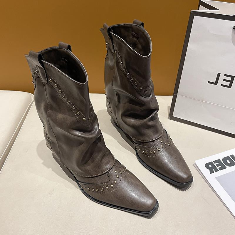 Autumn cowboy boots western knight boots retro new pointed boots thick heel short boots women's pants tube rivet fashion