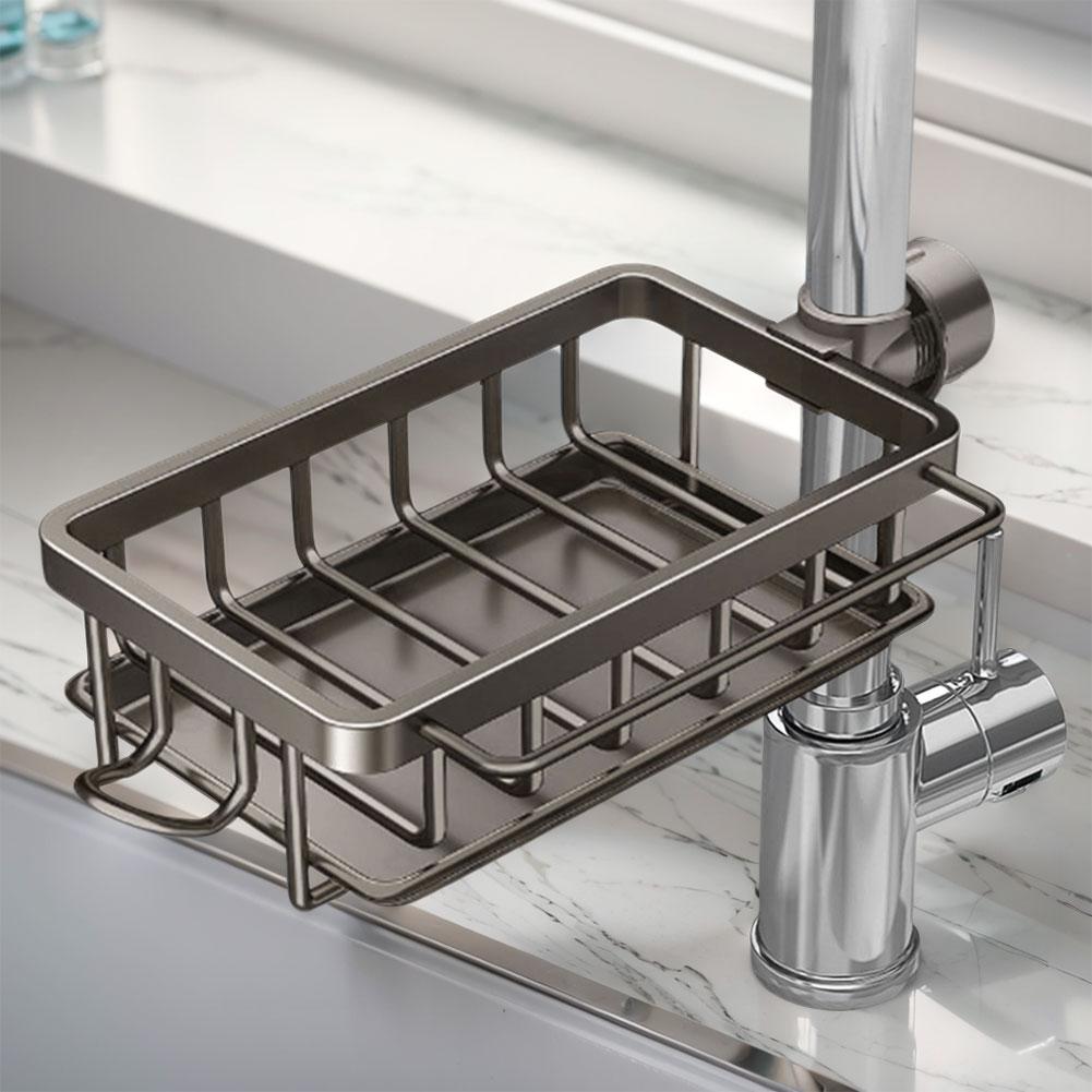 Over Faucet Sink Caddy Organizer Aluminum Dish Sponge Holder Detachable Multifunction Organizer Rack Work with Round Water Pipe