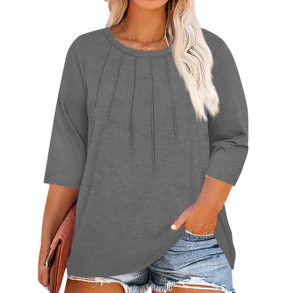 Women's Solid Color Round Neck Plus Size Tops 3/4 Sleeves Elegant Shirt Tops