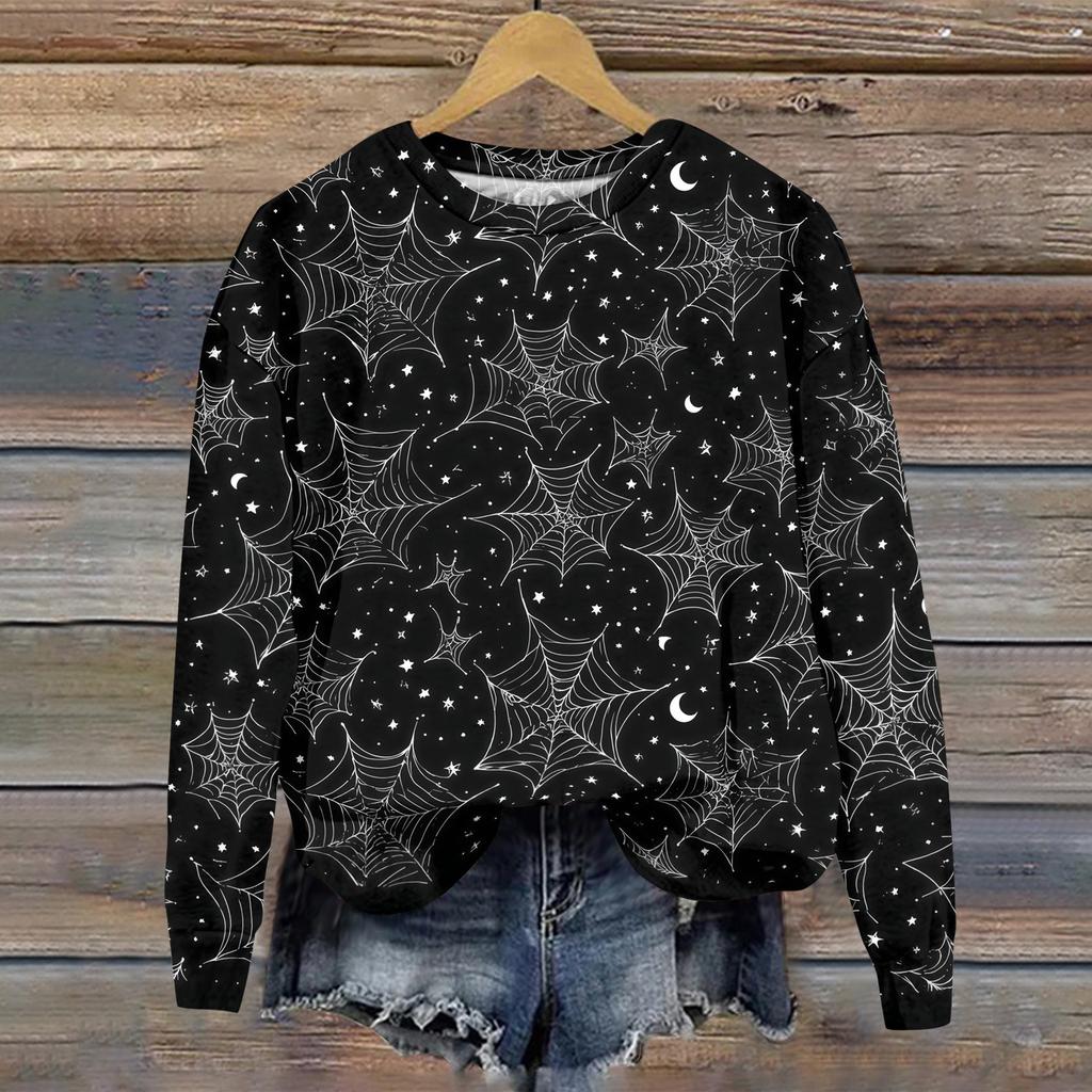 Women's Halloween Print Long Sleeve Neck Sweatshirt Top for Casual Wear