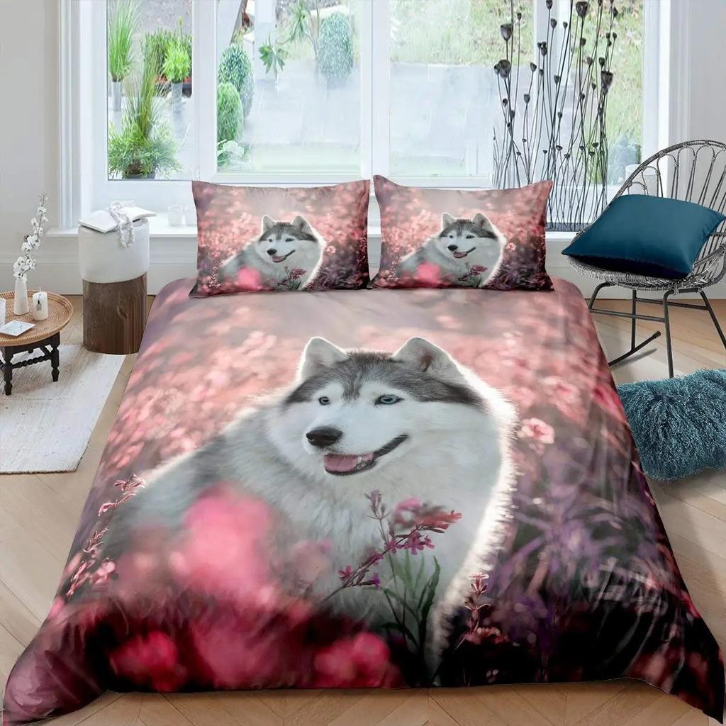 Cute Husky Puppy Bedding Set Polyester Flower Jungle Print Duvet Cover Double Queen King Size