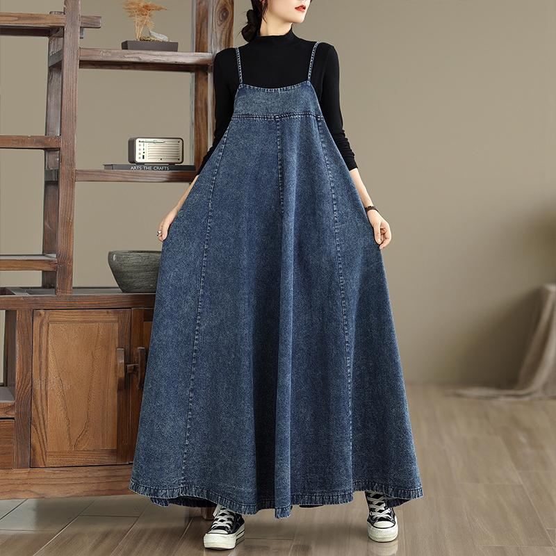 DIMANAF Women Plus Size Denim Dress Cottton Vintage Loose Casual Basic Dresses Maxi Long Dress Sleeveless