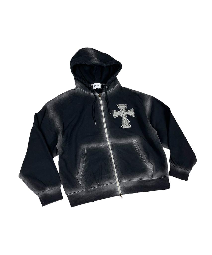 Sk8Er Rock Hölle Himmel Kreuz Vintage Sweat Kapuze Reißverschluss ((Schwarz))
