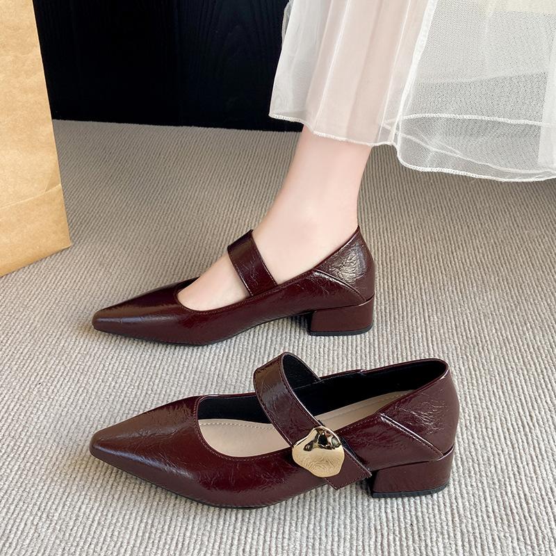

Осенью 2025 года новые ретро туфли на толстом каблуке с острым носком и неглубоким вырезом, одинарные модные туфли, трендовые туфли Мэри Джейн с пряжкой для женщин 40 коричневый