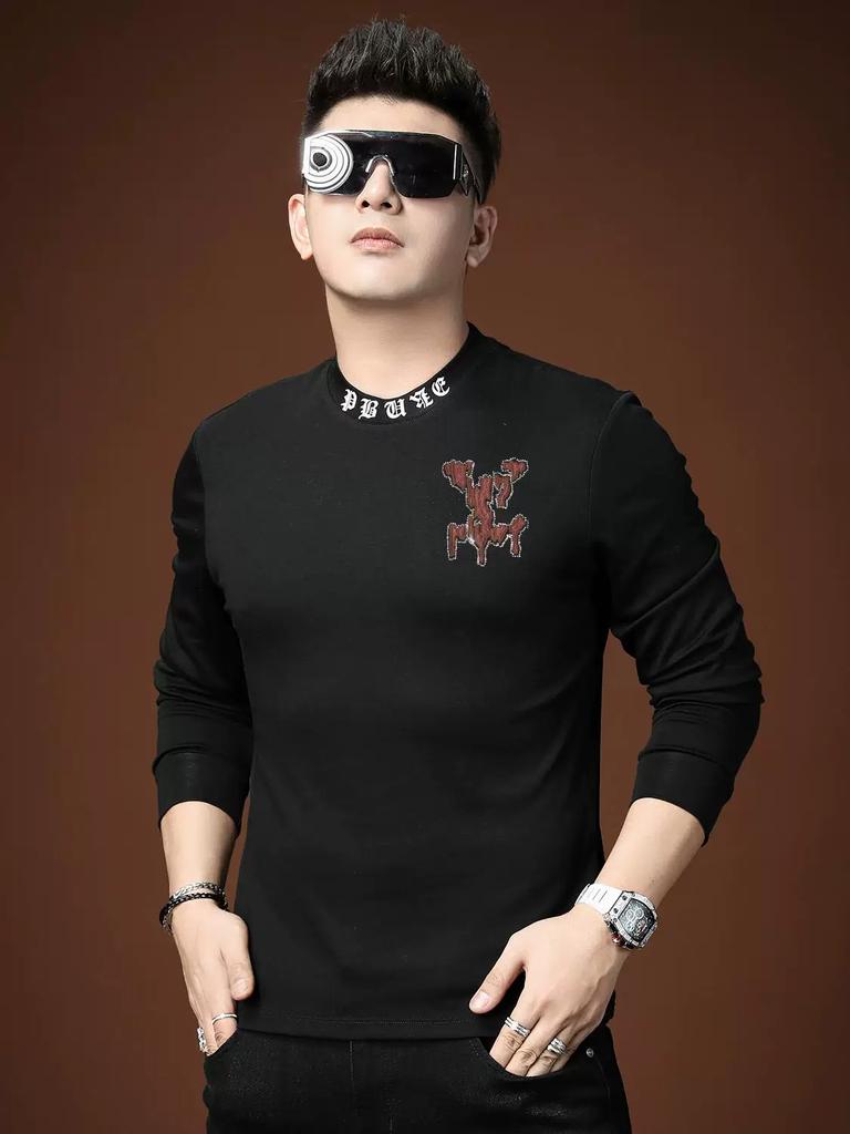 European Style 2025 Autumn New Half-Turtleneck Base Shirt Men's Long-Sleeve T-Shirt Trendy Brand Rhinestone Casual Top Men's Clothing