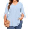 Women's Solid Color V-neck Plus Size Tops 3/4 Sleeves Elegant Shirt Tops