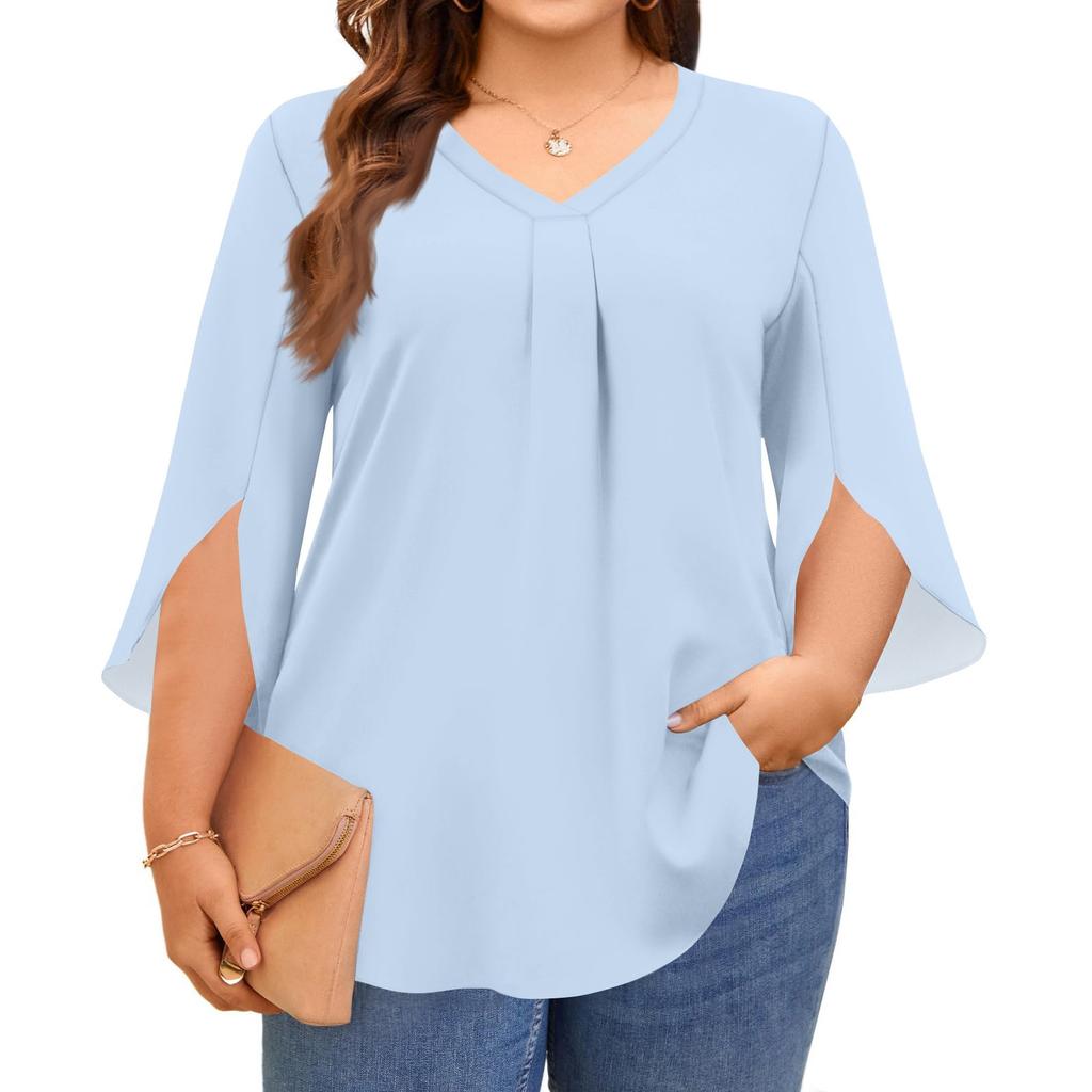 Women's Solid Color V-neck Plus Size Tops 3/4 Sleeves Elegant Shirt Tops