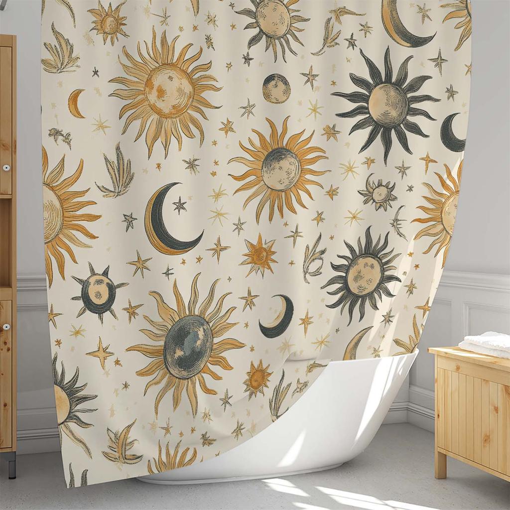 Sun, Moon & Stars Curtain - Polyester, 12 Hooks, Machine Washable, Artistic Bath & Window Decor