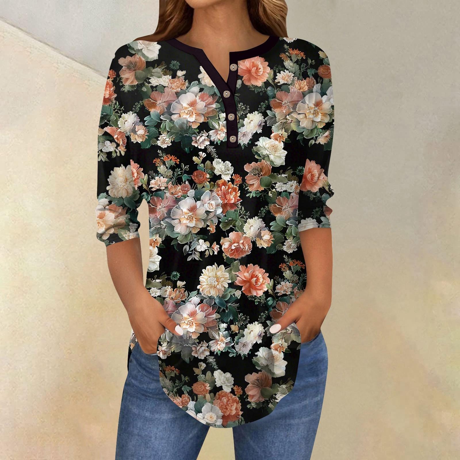 

Рубашки с рукавом 3/4 для женщин, модные, повседневные, с круглым вырезом, с принтом, футболка, топ XL тёмно-синий