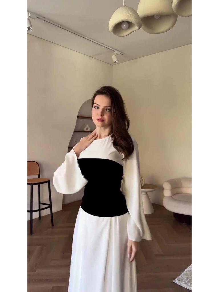 2023 Autumn Black & White Patchwork Waist-Slimming Socialite Maxi Dress for Women