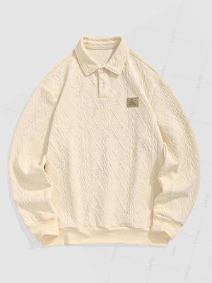 Men's Geometric Textured Label Design Turn-down Collar Long Sleeves Pullover Sweatshirt