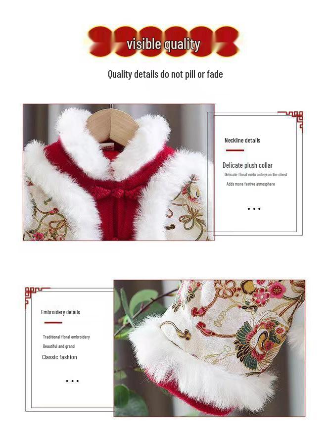 Girls' Winter New Year Hanfu: Fleece-lined Chinese Style Tang Suit for Toddlers and Children.