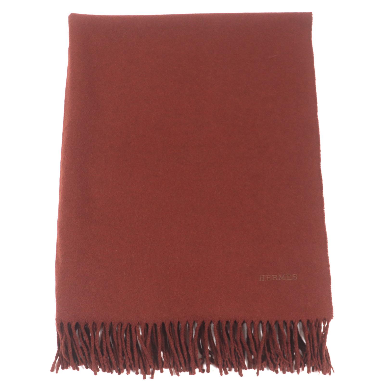 

HERMES Scarf Large scarf with embroidered logo and fringe Redbrown cashmere mens Used