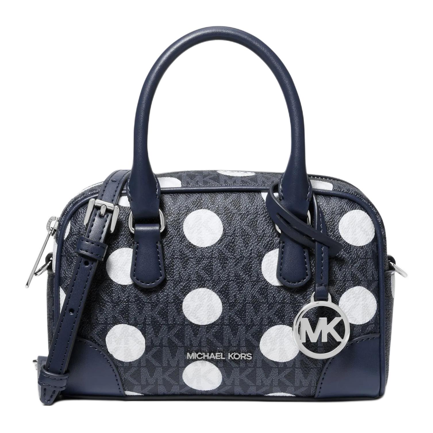 

Michael Kors MK Thompson Round Polka Dot Pattern Faux Leather Shoulder Crossbody Handbag Mini Women Handbag Navy-Blue White 35S5S7OC0N-NAVY Basic Set (Bag+Dust Bag)