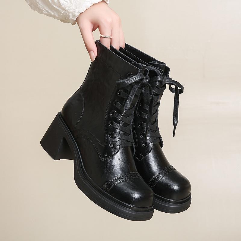 Fashion Women Black Ankle Boots Fashion Lace-Up Platform Thick Heel Motorcycle Booties Retro 2025 Autumn Winter Female Short Botas Shoes