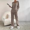 Women's Lounge Set Ribbed Long Sleeve Top And Wide Pants Matching Pajamas Set Casual 2 Piece Outfits