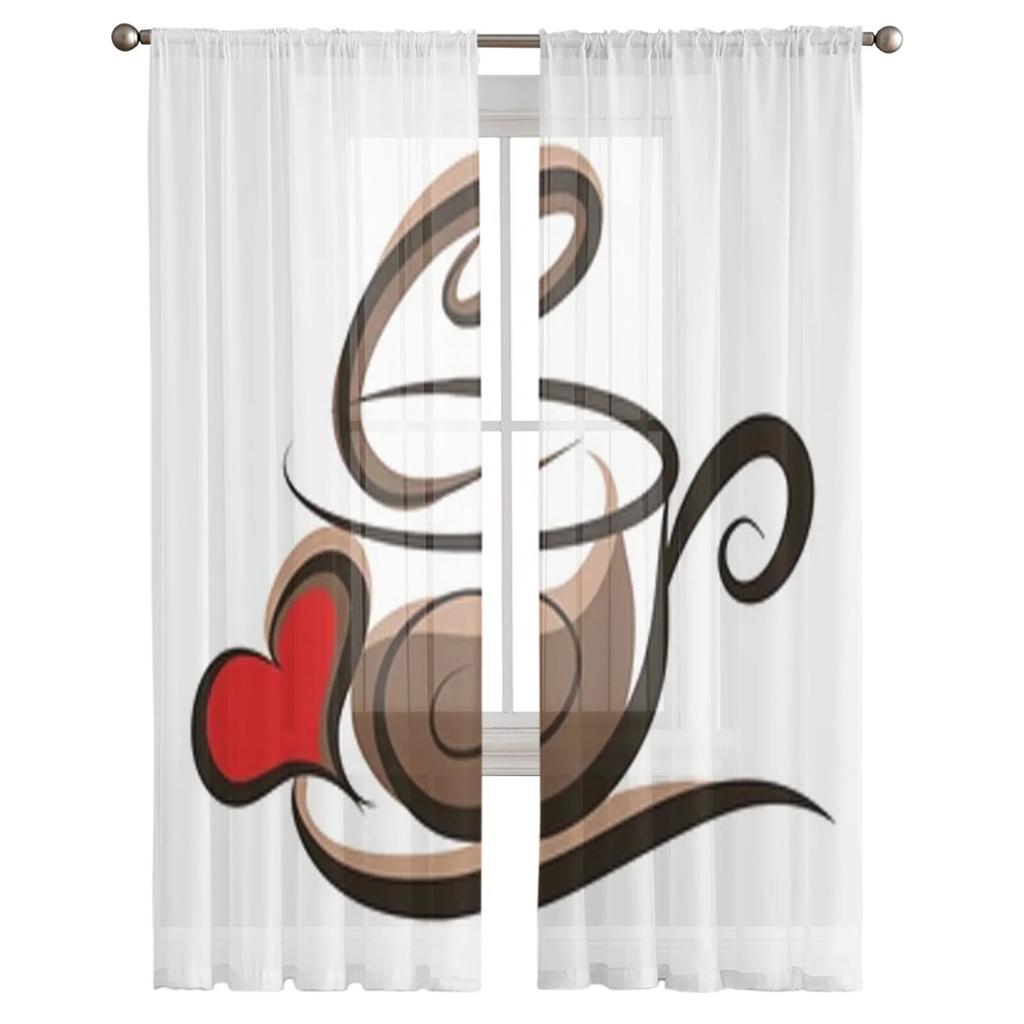 Coffee Illustration Sheer Curtains Bedroom Voile Curtain Living Room Window Sheer Curtains Kitchen Tulle Drapes