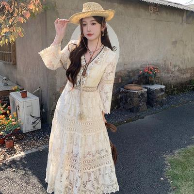 Bohemian Tassel Lace Crochet Super Fairy Apricot Long Skirt Vacation High Waist Slim Flared Sleeve Dress