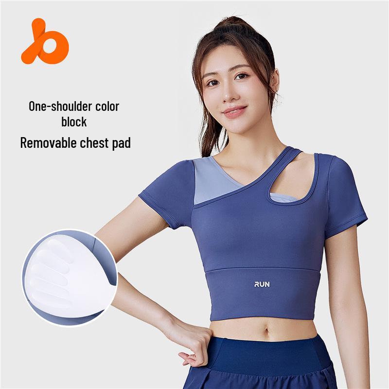 

Peach Color-Blocked One-Shoulder Yoga Top with Chest Pad for Women Small