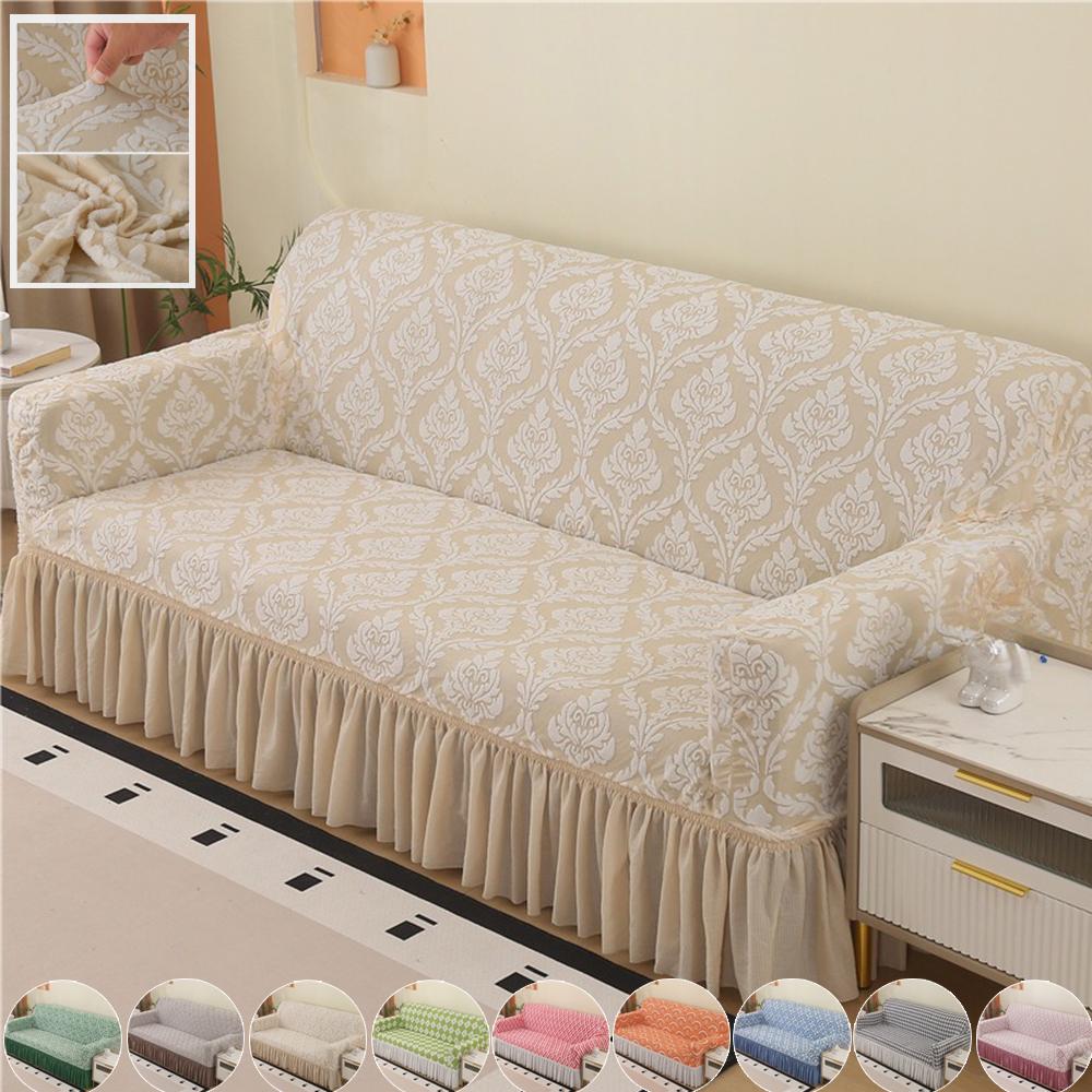 1/2/3/4/5 Seater Jacquard Sofa Slipcover Non-slip Sofa Cover with Skirt Elastic Couch Cover for Bedroom Office Living Room Decor