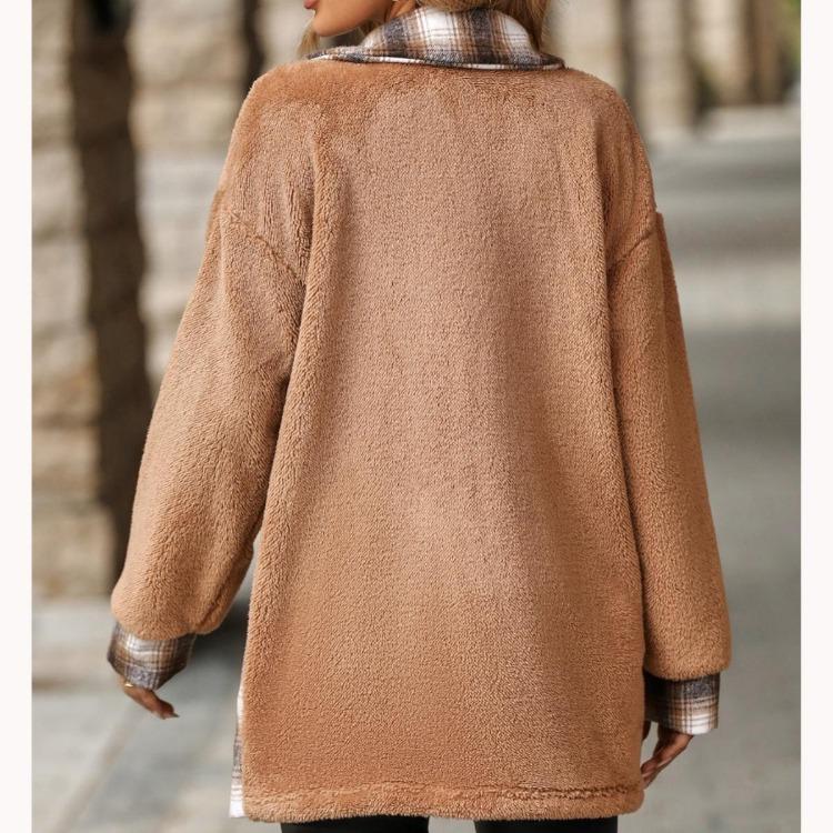 Warm Winter Women Fleece Coat Mid Length Plaid Single Breasted Lapel Outerwear Europe America