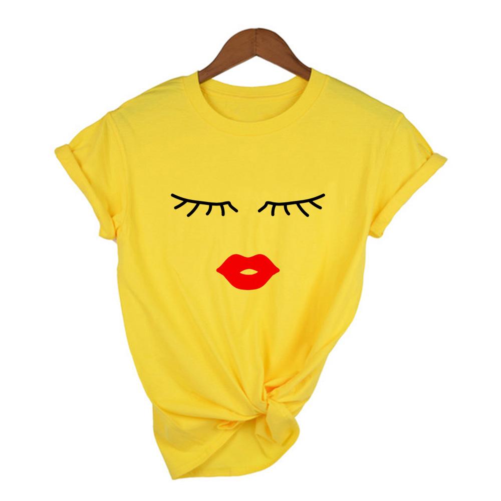 Wimpern Rote Lippen Druck Damen Sommer T-Shirts Lässig Grafik Kurzarm T-Shirt Weiblich Weiß
