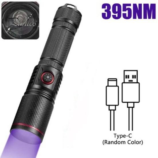 UV Flashlight 395nm Black Light USB Rechargeable Zoom Function Waterproof Portable Ultraviolet Torch Light