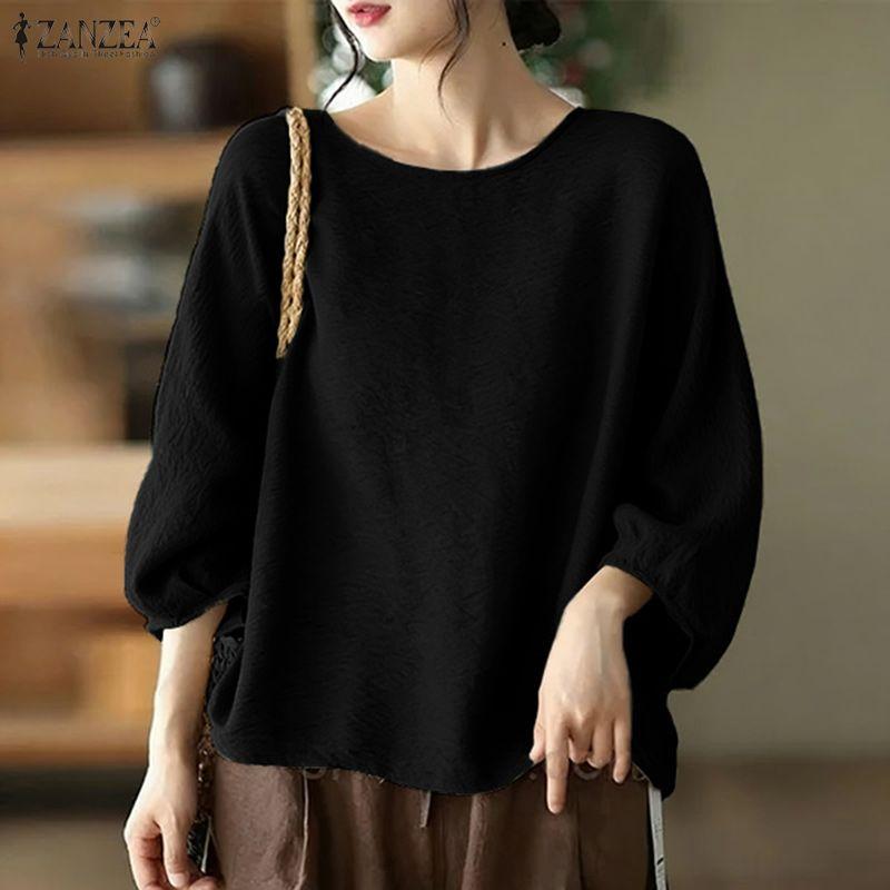 ZANZEA Women Casual Round Neck Solid Color 3/4 Sleeve Loose Blouse