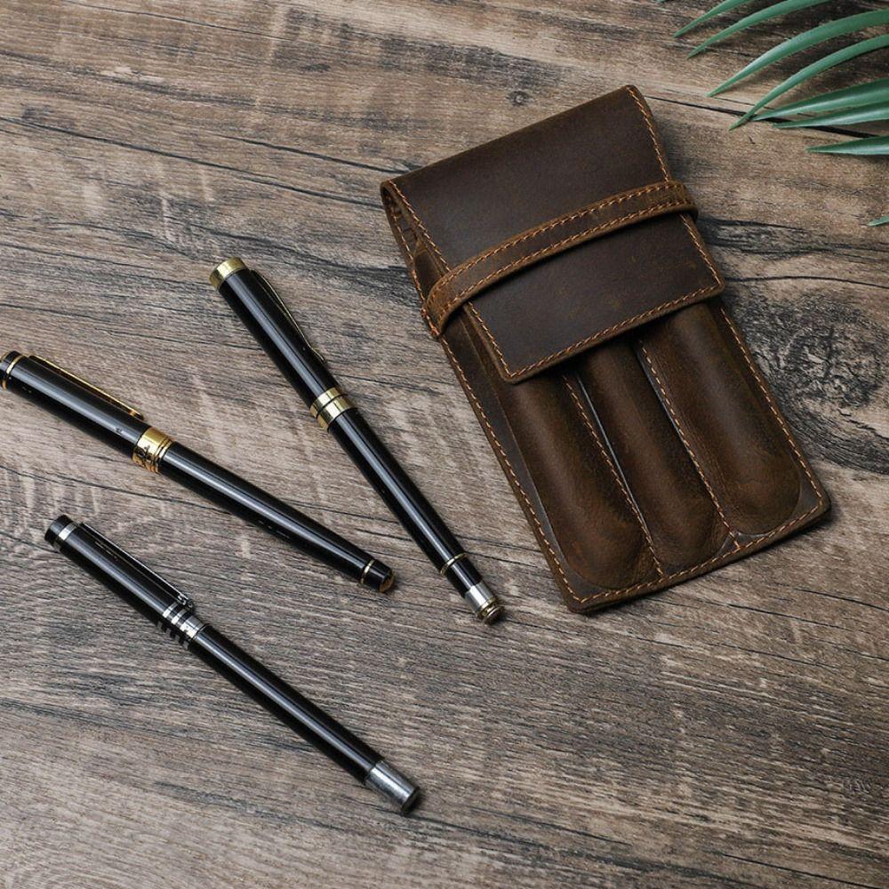 Leather Pen Pencil Case Large Capacity Desktop Organizer Retro Pen Pouch Holder  Stationary