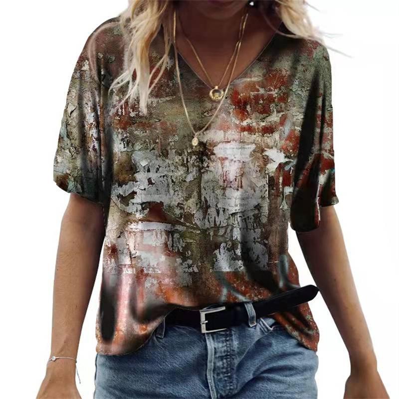 Damski T-shirt z krótkim rękawem i dekoltem V Luźny T-shirt Miejski Casual Nadruk 3D Damska Podstawa