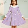 Girls Long Sleeve Printed Dress White Furry Collar And Cuffs Black Blue A Line Flared Hem