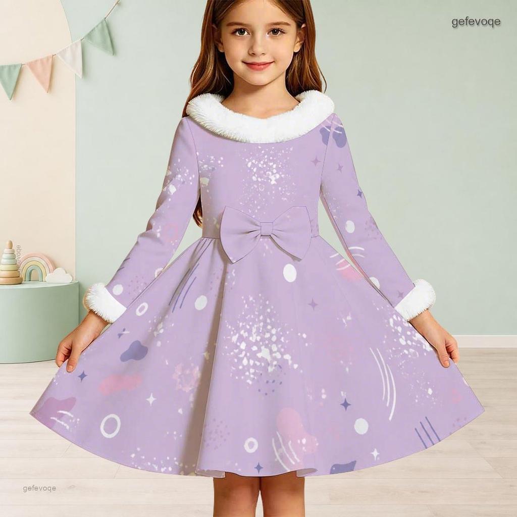 Girls Long Sleeve Printed Dress White Furry Collar And Cuffs Black Blue A Line Flared Hem